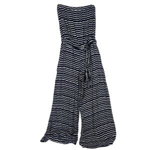 MSK Jumpsuit Women S Blue White Zig Zag Strapless Wide Leg Tassel Belt Rayon
